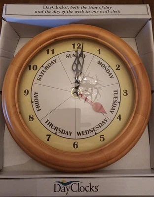 Day Clock And Time Of Day Combo. BRAND NEW IN BOX. Easy Reading. Maple Finish. - Image 1 of 4