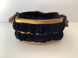 Vintage BLACK VELVET BUCKET & TASSELLED DRAWSTRING EVENING BAG Gilded Bands GC - Picture 1 of 16