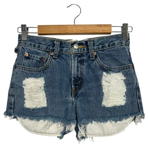 Levis 550 Shorts Girls 12 Blue Distressed Denim High Rise Frayed Hem 26x26.5 - Picture 1 of 14