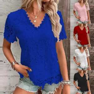 Plus Size 6-20 Womens Lace Tunic Tops Ladies V Neck Summer Loose T Shirt Blouse - Picture 1 of 22