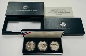 1994 P US Veterans Commemorative Proof Silver Dollars 3 Coin Set OGP & COA - Picture 1 of 10