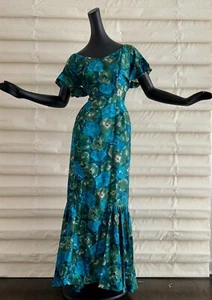 Vtg 60 Silk Flower Hawaiian Maxi Dress Wedding Maid Of Honor Bridesmaid Fishtail - Picture 1 of 6