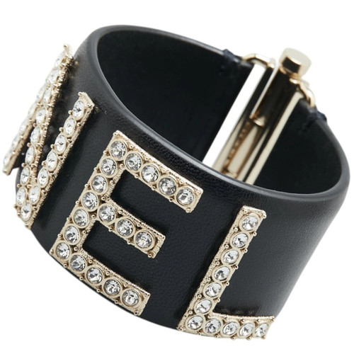 Bracciale CHANEL Logo Strass Pelle di Agnello Nero 6 7" Tono Oro B19 Autentico con Scatola