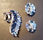 Trifari Rhinestone Brooch and Earrings Set- 2 shades of blue
