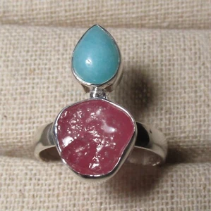 Anillo de plata de ley rubí natural y amazonita Reino Unido N1/2/Estados Unidos 7. Bolsa de regalo. - Imagen 1 de 8