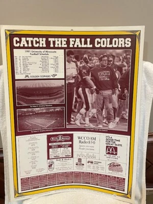 VINTAGE & RARE Minnesota Gophers Football 1991 Poster Schedule, VERY NICE!! - Image 1 of 3