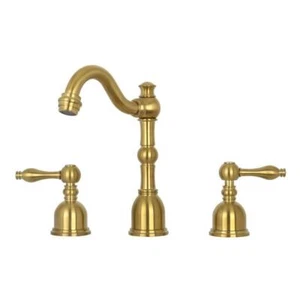 Akicon Widespread Bathroom Faucet Double-Handle Low Arc Brass in Brushed Gold - Picture 1 of 5