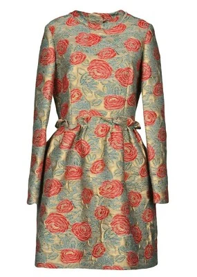 $3645 NEW Lanvin Short Jacquard Dress Red Gold Green Floral Long Sleeve  38 US 4 - Image 1 of 4