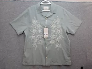 Folk Clothing Shirt Mens L Green Short Sleeve Button Linen Blend Hawaiian - Picture 1 of 10
