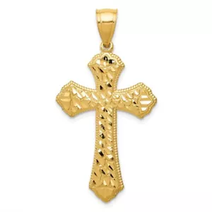 Real 14kt Yellow Gold Diamond-cut Budded Cross Pendant - Picture 1 of 6