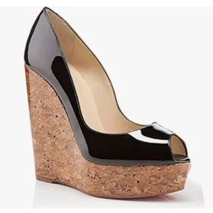 FOWT Noble High Cork Wedges Peep Toe Women Pumps with Platform Black - Picture 1 of 7