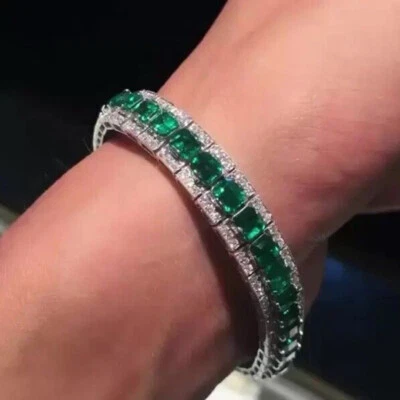 15Ct Cushion Green Emerald Diamond Wedding Bracelet 14K White Gold Over 7" in - Image 1 of 4