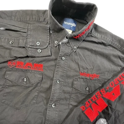 Wrangler Ram Rodeo Series Black Button Up Shirt Mens Medium Embroidered Spellout - Image 1 of 4