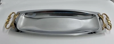 Kromex Vntg 1960s Chrome Gold Tone Oval MCM Serving Tray Platter Bow Bread&Rolls - Image 1 of 4
