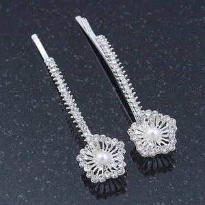 2 Bridal/ Prom Crystal, Simulated Pearl 'Filigree Flower' Hair Grips/ Slides In - Picture 1 of 4