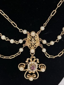 Vintage Triple Chain Faux Pearl & Amethyst Statement Necklace 16" - Picture 1 of 9