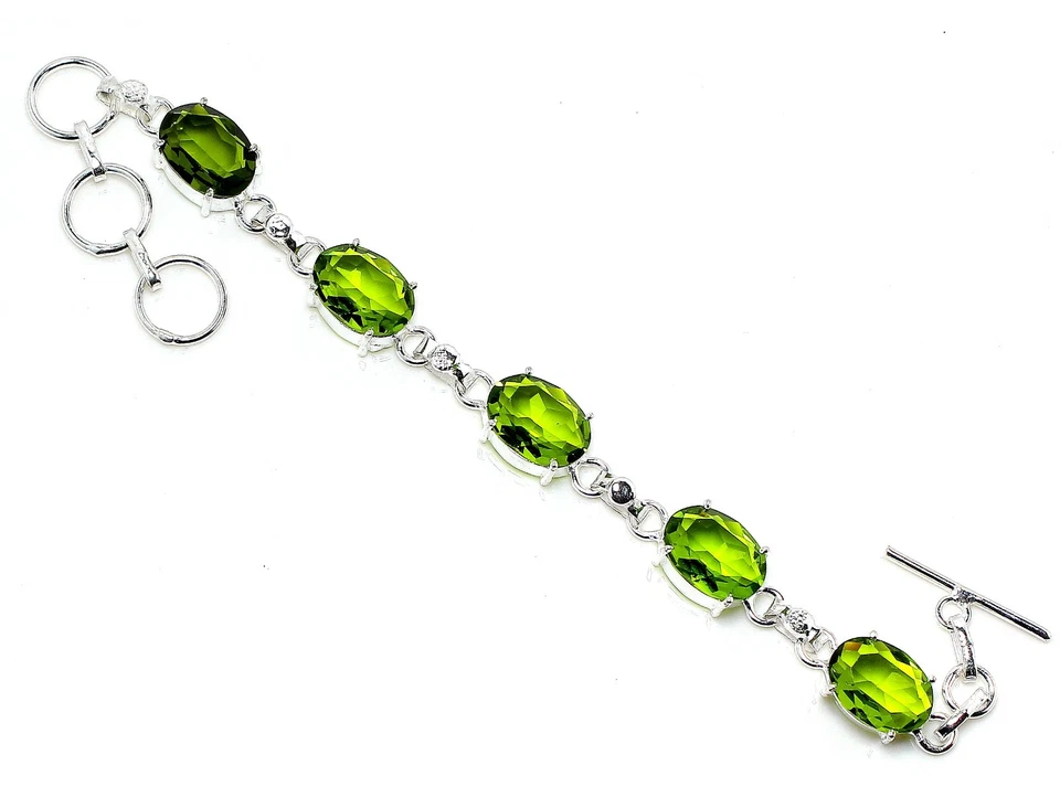 Green Peridot Gemstone Handmade 925 Sterling silver Jewelry Bracelet Size 7-8" - Image 1 of 1