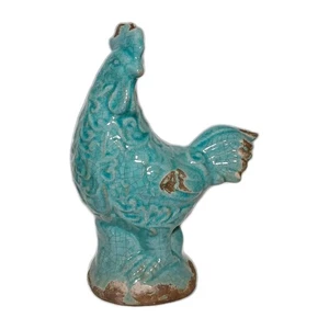 VTG Turquoise Rooster Chicken Farmhouse Crackle Glaze Pottery Country Kitchen - Picture 1 of 15