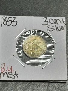 1853 Three Cent Silver 3c Piece BU Uncirculated MS+ Toned US Type Coin (Raw16258 - Picture 1 of 2
