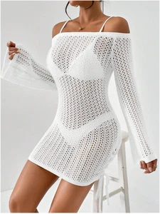 Essnce Hollow-Out Knit Off Shoulder Sheer Cover-Up Beach/Resort Wear Sz XS S M L - Picture 1 of 7