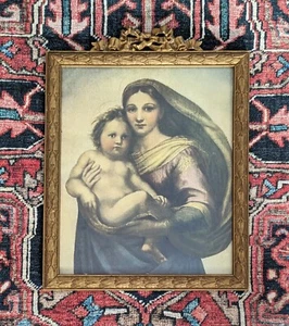 Vintage RAPHAEL Sistine Madonna Painting Repro In Gold Wood Frame 15"X11.5" - Picture 1 of 4