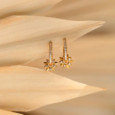 Sun Huggie Hoop Earrings Moissanite Sunburst Earrings Gold Plated Earrings Gifts - Image 1 of 4