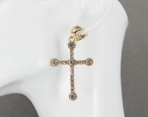 Gold Ohrclips klar Kristall Kreuz Anhänger Clips Ohrringe leicht - Bild 1 von 10