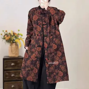 Retro Printing Cotton-Padded Women Long Coats Loose Chinese Cotton Jacket Parka - Picture 1 of 26