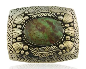 Navajo Belt Buckle .999 Nickel Turquoise Native Artist Handmade 2.5x3.0 in C.80s - Picture 1 of 6