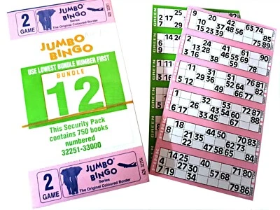 750 2 Page Games Jumbo Bingo Tickets 6 To View 1-90 Bingo Cards Serial Numbers