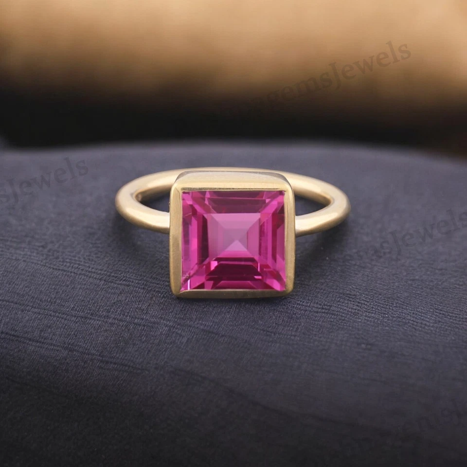 925 Sterling Silver 10x10 mm Square Shape Natural Ruby Ring Yellow Gold plated - Image 1 of 4