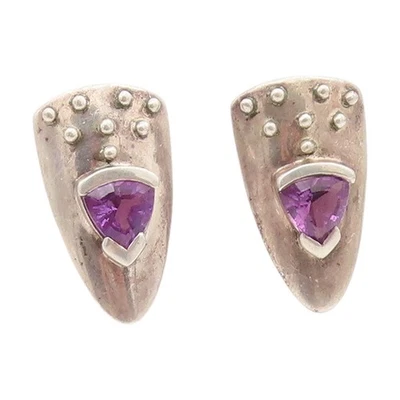 Pendientes vintage de plata de ley 925 con escudo de amatista modernista EG13914 Foto 1 de 4