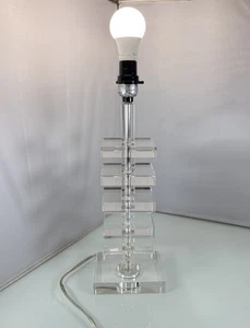 Vintage MCM Solid Acrylic Lucite Geometric Clear Block Stacked 17.5” Table Lamp - Picture 1 of 15