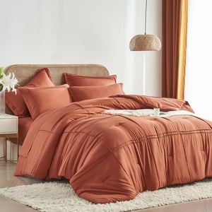 Queen Comforter Set 7 Piece Bed in a Bag,Grid Pinch Pleat Terracotta Bedding ... - Picture 1 of 7