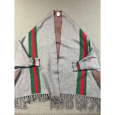 PINK Gray Striped Poncho Wrap with Sleeves Fringe Women's One Size - Image 1 of 4