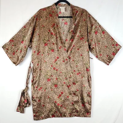 Bata kimono interior más satinada para mujer grande estampado de rosas y animales corbata cintura corta Foto 1 de 4