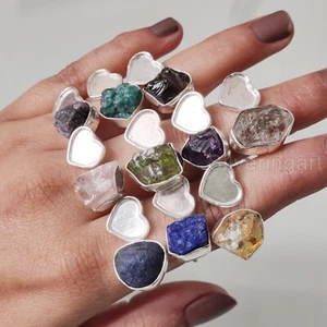 NATURAL RAW GEMSTONE 925 SOLID SILVER HEART VALENTINE ADJUSTABLE WOMENS RING - Picture 1 of 10