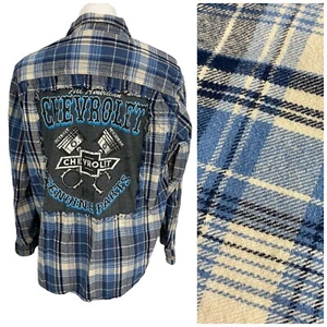 Flannel Shirt Mens XL Mechanic Engine Tools Blue Plaid Grunge Camp Upcycled - Picture 1 of 16