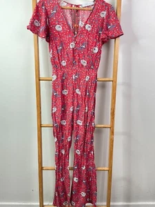 Auguste Jumpsuit Womens 6 Red Floral Flared Leg Short Sleeve V-Neck Button Front - Picture 1 of 13