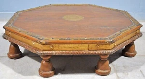 Antique Wooden Octagonal Floor Bajot Stool Huge Size Original Old Fine Carved - Picture 1 of 6