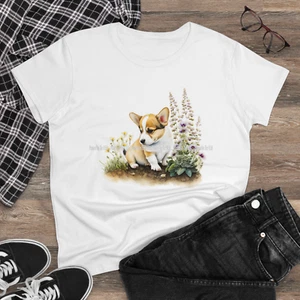 Corgi Welsh Pembroke Puppy Dog Breed Watercolor Floral Art #2 Ladies T Shirt - Picture 1 of 3