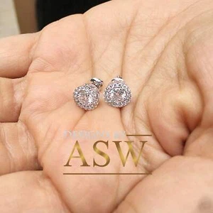 Women's Solid 14K Solid White Gold Round Cut Moissanite Earrings Halo - Imagen 1 de 7