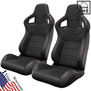 2x Universal Bucket Racing Seats Red Stitch Adjustable Reclinable w/ Dual-Slider - Picture 1 of 11