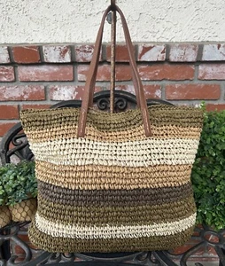 Vintage Old Navy Raffia Straw Paper Tote; Multi Color W/Dbl Hndls & Snap Closure - Picture 1 of 17