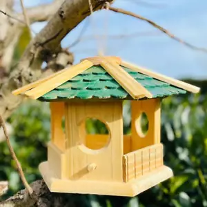 DARLUX Sechseck Holz Vogel Futter Haus XL Futterstelle Hängend Natur/Grün - Bild 1 von 4