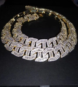 Men's Gold 5A CZ Baguette Diamond Fully Iced Bust Down Cuban Chain 24 Inch 17mm - Picture 1 of 24