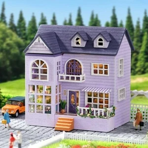 Wood Purple Villa House DIY Creative Miniature Dollhouse LED Light Gift Furnish - Picture 1 of 10