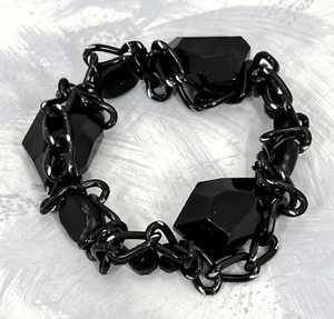 Bracelet Black Chunky Acrylic Resin Beads with Black Cuban Chain Link Stretch - Picture 1 of 4