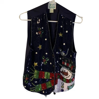 Quacker Factory Women's Snowman Vest Size S Navy Blue Sequins Christmas Holidays - Image 1 of 4