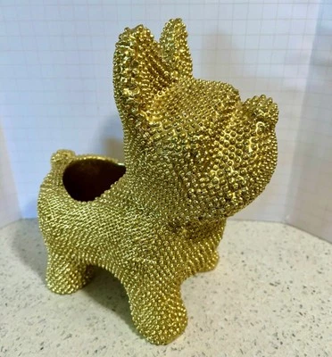 Estatuilla Bulldog Francés Dorado Plato de Caramelo - Estatua Decoración Cerámica Resina Foto 1 de 4